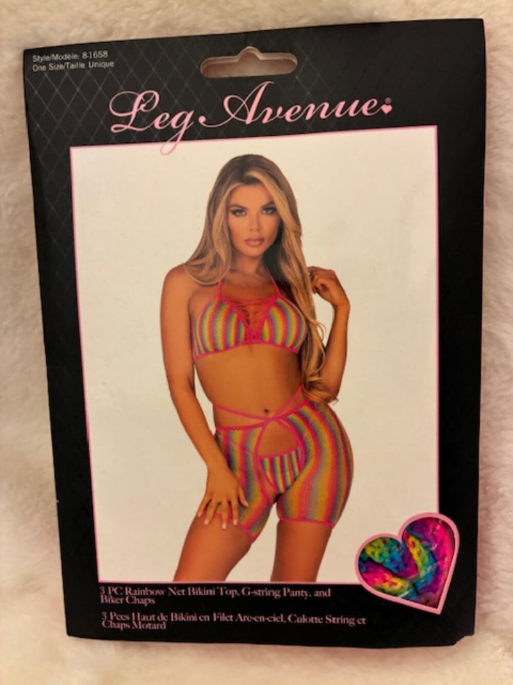 3 Pc Rainbow Net Bikini Top With G-String Panty and Biker Chaps - Leg Avenue